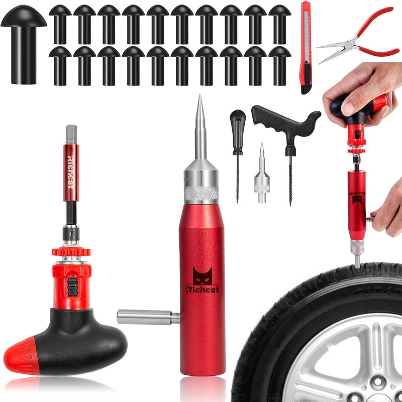 Richcat Tubeless Tire Puncture Repair Kit with Mushroom Plug, Repairs punctures and Flat Tires for Motorcycles, Cars, Trucks, ATVs and Tractors - Image 1